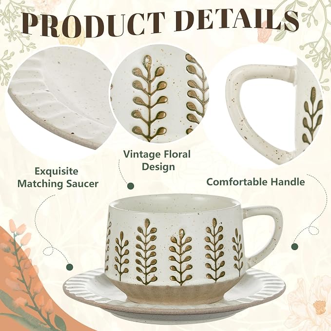 LemonRoad Vintage Tea Cup and Saucer Set, 10oz Porcelain Coffee Mugs with Saucer for Latte Mocha Cappuccino Ceramic Teacups for Housewarming Wedding Gifts Kitchen Table Decor