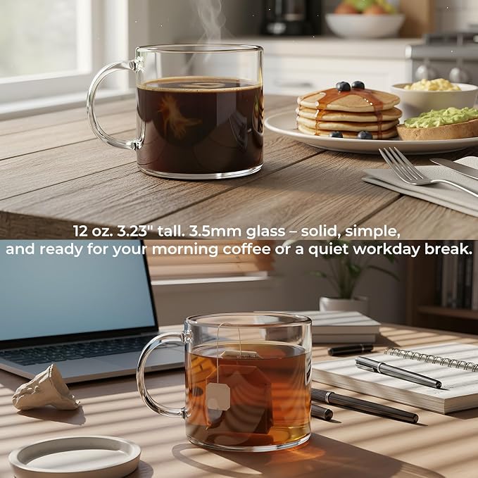 Aquach 12oz Glass Mugs Set of 4, Clear Borosilicate Cups with Handle | Dishwasher/Microwave Safe, 3.5mm Thick, Single-walled, Smooth Rim, Stable Flat Base, Fits Hot/Cold Brews