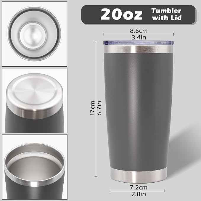 AIANJI 20oz Tumbler Bulk Stainless Steel Tumblers with Lid Vacuum Insulated Double Wall Travel Coffee Mug Powder Coated Tumbler Cup for Hot and Cold Drinks(Grey, 1 pack)