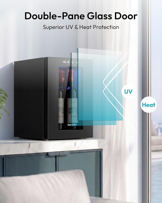 EUHOMY 18L Freestanding Counter-top Wine Fridge Mini Fridge, 4 Bottle and 6 Can Wine Cooler for Red White Wine, Wine Cellar with LED Digital Temperature Display Quiet, Black