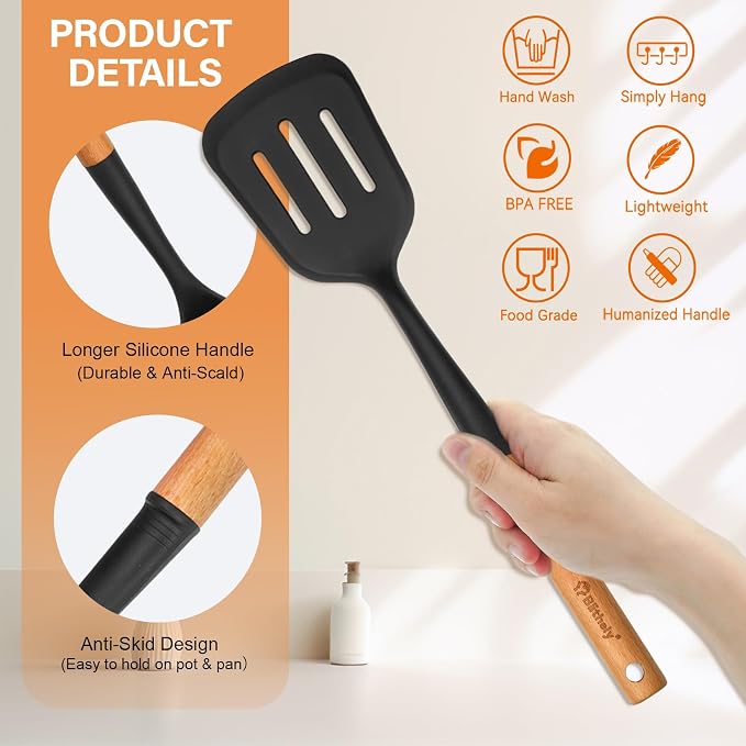 Large Silicone Kitchen Utensils Set with Holder, 25Pcs Cooking Utensil Set with Wooden Handle, Heat Resistant Spatula Sets for Cooking, BPA Free Silicone Utensils Set for Non-Stick Cookware(Black)