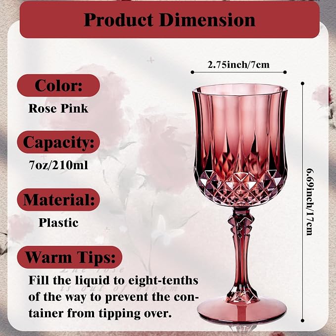 Ciaell 24PCS Burgundy Plastic Wine Glasses - 7 Oz Plastic Goblets for Party - Burgundy Vintage Drinking Glasses - Disposable Water Goblets Set for Wedding, Bar, Wine, Beer, Juice