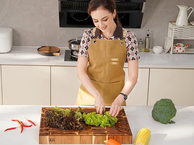 AZRHOM Thick End Grain Acacia Wood Cutting Board 20x15x2 In, Wooden Butcher Block, Chopping Board For Kitchen with Juice Groove Handles Non-Slip Pats (Gift Box)
