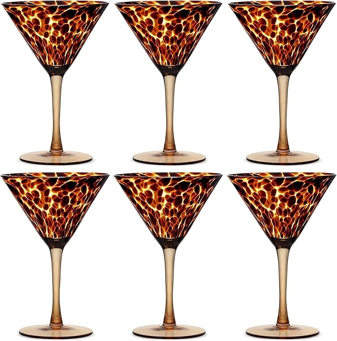 Honeydak Set of 6 Tortoise Leopard Print Martini 7oz Brown Rocks Glasses Stylish Stemless Cocktail Cups Glass Glassware Tumbler Ideal for Gin, Tequila, Vodka, Soft Drinks