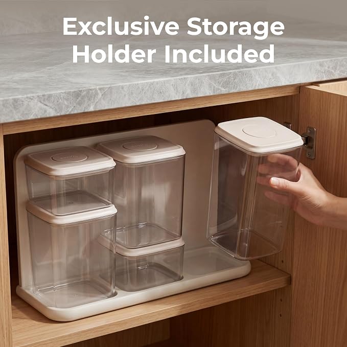 SMIRLY 8-Pcs Airtight Food Storage Containers Set with Countertop Organizer,One-Press Air Tight Pantry Storage Containers, BPA-Free ABS,Stainless Steel Spoon & Scoop for Cereal, Flour (cream white)