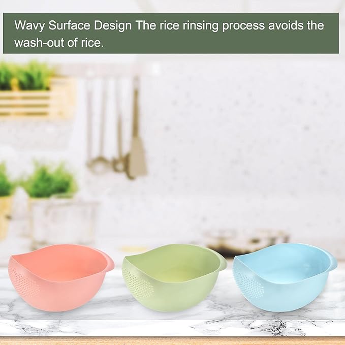 uxcell 3pcs Rice Sieve Plastic Colander Kitchen Drain Basket with Handles Rice Bowl Strainer Basket Home Kitchen Gadget, Wash Rice Basket-Blue/Green/Pink
