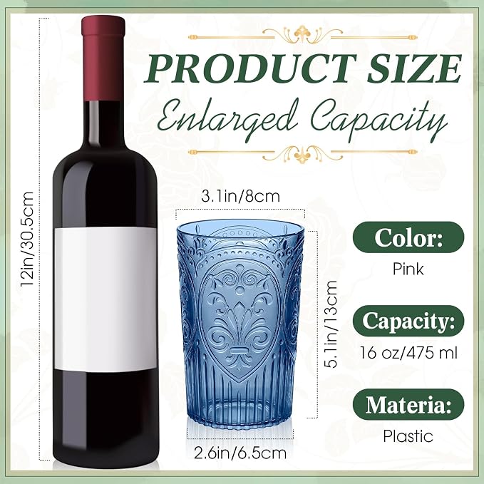 48 Pcs 16 oz Plastic Vintage Drinking Glasses Stemless Ribbed Highball Glasses Bulk Embossed Reusable Cup for Water Beer Cocktails Juice Wedding Bridal Shower Birthday Event Party (Mixed)