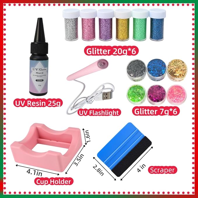 SIECCY Snow Globe Tumbler Kit – 4 Pack 16oz Snow Globe Cups, Pre-Drilled Double Wall Glass, Bamboo Lids, Straws, 13 Glitter Colors, Funnels, Bent Syringe, UV Resin