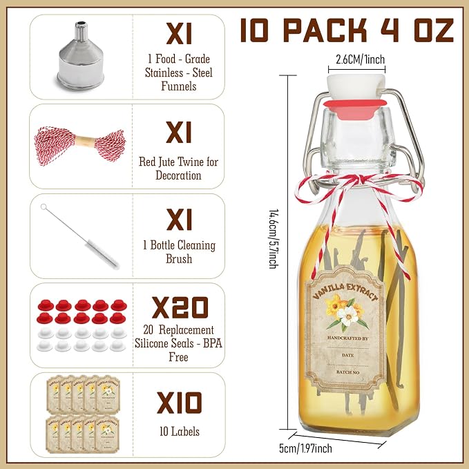 10 Pack Swing Top Glass Vanilla Extract Bottles 4 oz with Lids, Vanilla Labels & Funnel, Boston Square Bottles for Homemade Syrup, DIY Gifts, Flip Top Jars for Extract