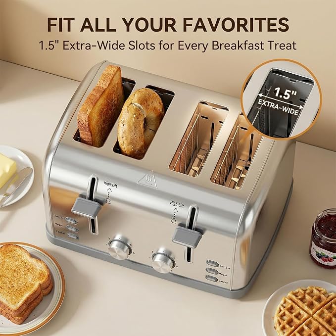 Toaster 4 Slice Retro Stainless Steel,Best Prime 4 Slice Toaster Wide Solt with 7 Shade Settings, Perfect for Waffles, Bagels and More Lainsten T-527