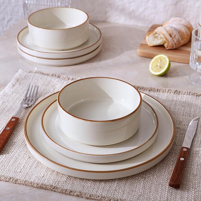 Famiware Nebula Plates and Bowls Sets, 24 Pieces Stoneware Dinnerware Sets, Microwave and Dishwasher Safe Dish Set, Dishware Sets for 8, Vanilla White with Brown Rim