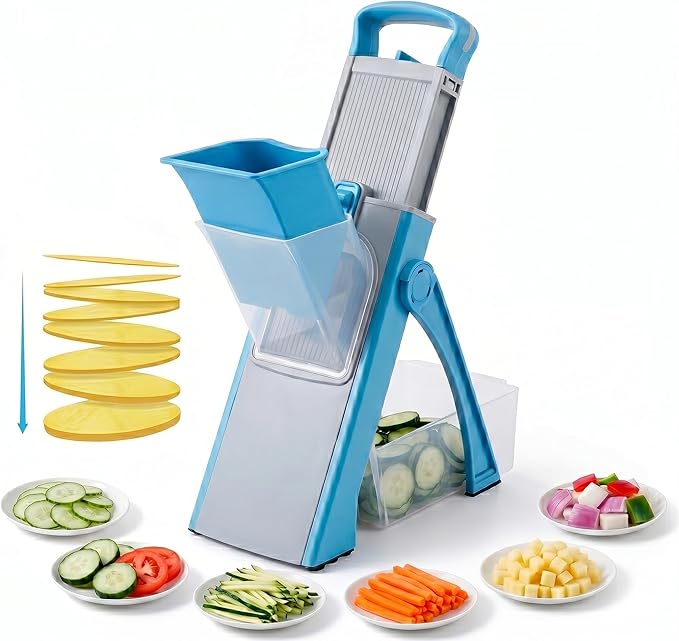 Safe Mandoline Slicer for Kitchen, Adjustable Vegetable Cutter with Container, 40+ Cuts No Blade Change, 0.1-8mm Thickness, Stainless Steel Blades for Potato, Onion & Salad (Blue)