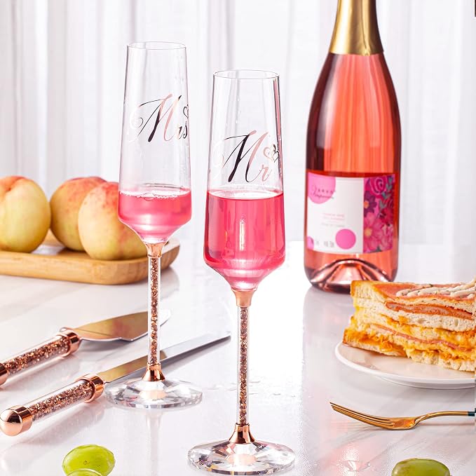 Wedding Champange Flutes and Cake Knife Server Set, Rose Gold Mr and Mrs Champagne Glasses for Bride and Groom Toasting