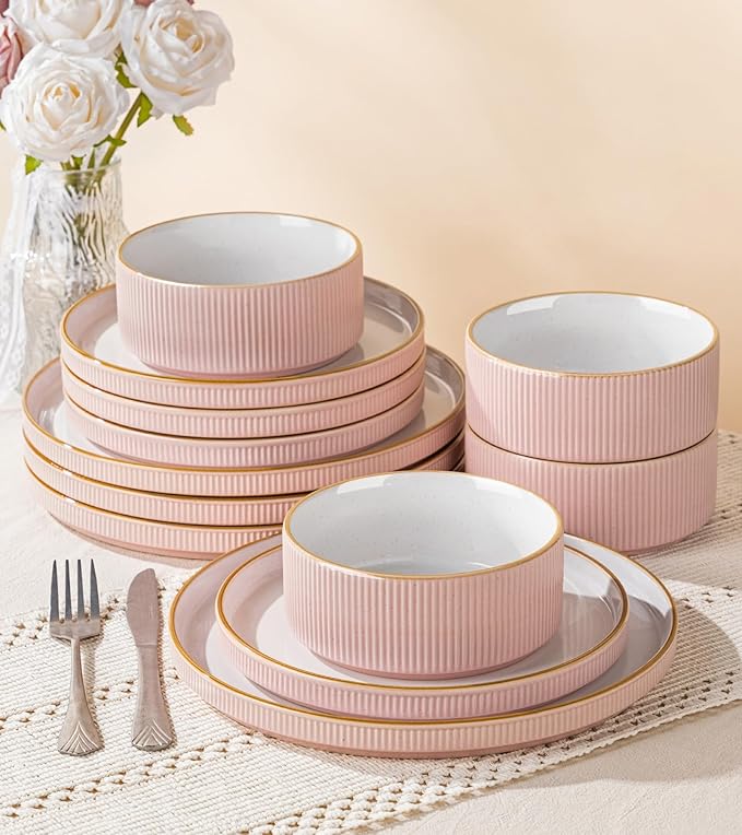 GBHOME Stoneware Dinnerware Sets for 4, 12 Pieces Lightweight Ceramic Ribbed Plates and Bowls Set, Reactive Glaze Stackable Plate Sets, Scratch Resistant Dishes, Microwave & Dishwasher Safe,Pink