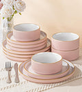 GBHOME Stoneware Dinnerware Sets for 4, 12 Pieces Lightweight Ceramic Ribbed Plates and Bowls Set, Reactive Glaze Stackable Plate Sets, Scratch Resistant Dishes, Microwave & Dishwasher Safe,Pink