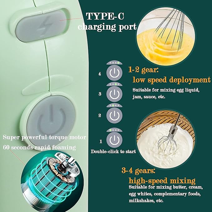 MINI Household Cordless Electric Hand Mixer,USB Rechargable Handheld Egg Beater with 2 Detachable Stir Whisks 4 Speed Modes,Baking At Home For Kitchen,Lightweight Portable(Green)