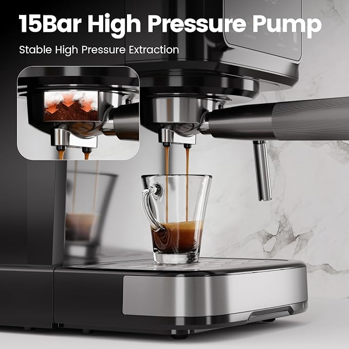 Kismile Espresso Machine with Milk Frother, 15 Bar Digital Espresso Maker for Latte & Cappuccino, LED Touch Screen, 1.5L Removable Water Tank, Compact Coffee Maker for Home/Office