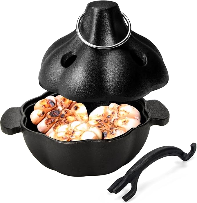 Cast Iron Garlic Roaster with Handle, Smoker Roaster, Garlic Cooker, Cast Iron Baker, Mini Roasting Pot, Potato Baker, Mini Cocotte, Used in the Kitchen Oven or Outdoors on a BBQ Grill Stove