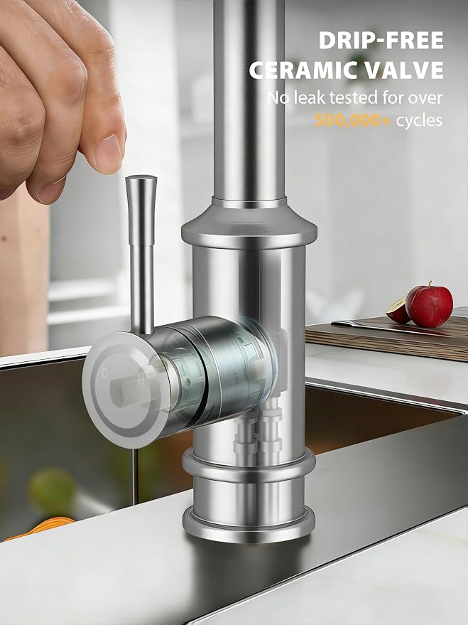 Hiqufet Vintage Kitchen Faucets with Pull Down Sprayer, Brushed Nickel | Stainless Steel High Arc, Drip-Free 3 Spray Mode, 360° Rotation, Easy DIY Single Hole Install