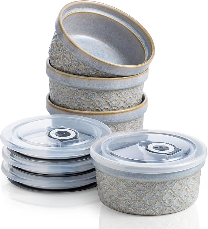 Creme Brulee Ramekins with Covers, Ceramic Souffle Ramekin with Lid, Small Baking Dishes, Food Storage Containers Serving Bolws with Lids for Lunch, Dessert, Fruit, Grey Cloud