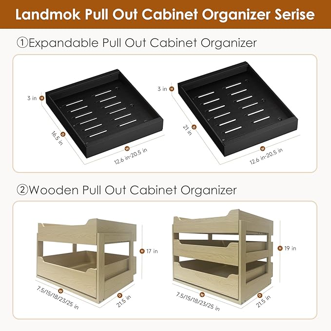 1 Pack Expandable Pull Out Cabinet Organizer 21" Deep, Adjustable Width 12.6"-20.5", No Drill Adhesive with Triple Track Rails, Heavy Duty Slide Out Drawers for Kitchen, Pantry, Cabinets,Black