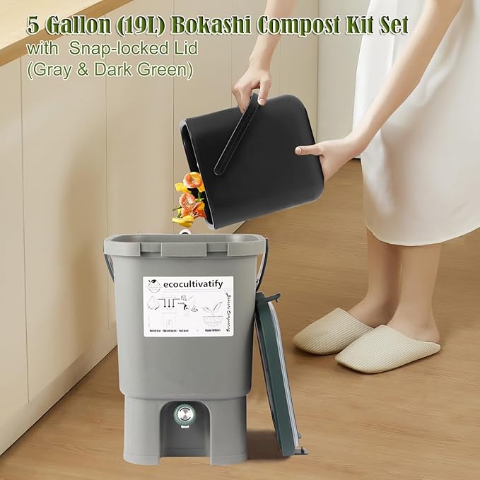 20L Bokashi Compost Bin, 5.28 Gallon Compost Bin for Kitchen Composter with Lid, Bokashi Start Kit with Bran (Tan & Dark Green) (18.8L/5 Gal Grey)