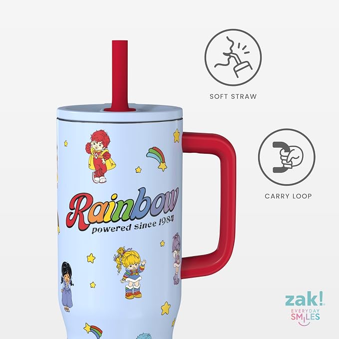 Zak Designs Rainbow Brite Sutton Travel Tumbler for On the Go, 30oz Stainless Steel with Vacuum Insulation, Silicone Straw, and Carry Handle for Cold Drinks (Rainbow Brite, Color Kids)