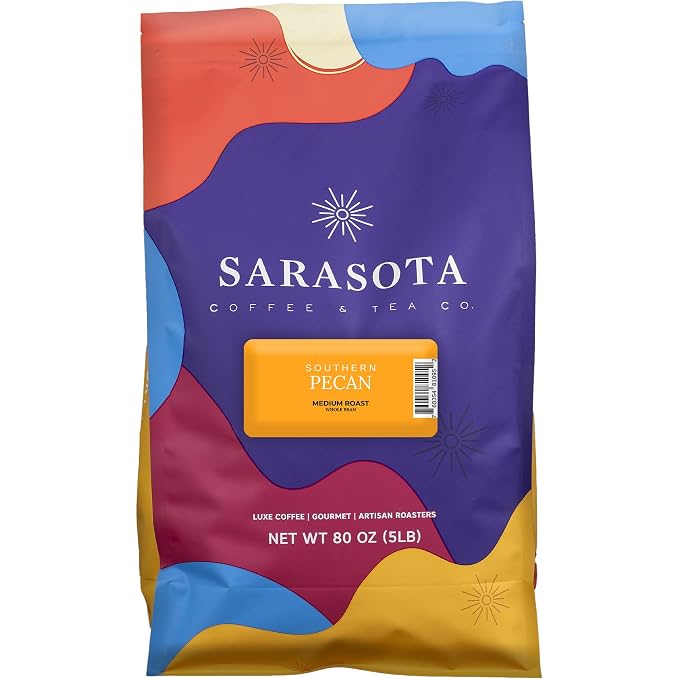 Sarasota Coffee Whole Bean Southern Texas Butter Pecan | Medium Roast Gourmet Flavored Coffee Beans | Low Acid, Mold Free, Specialty Grade Bulk Beans | 5lb (80 oz)
