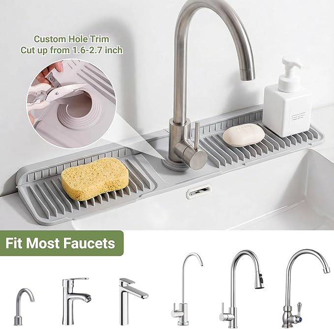Faucet Mat for Kitchen Sink, 24 Inch Longer Silicone Sink Faucet Mat Splash Guard, 7° Slope Fast Self-draining, Bathroom Countertop Protectors to Catch Spills, Foldable & Snap Lock Fit (Gray)