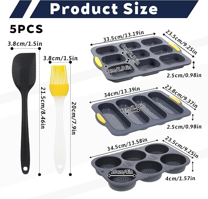 JJUNW Set of 5 Silicone Hamburger Bun Mold, 4/6/9 Cup Silicone Hotdog Bun Pan with Spatula Brush, Mini Baguette Pans Bread Baking Pan for Homemade Hamburger Buns