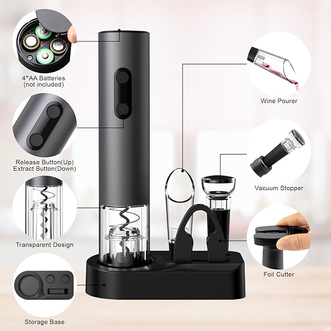 COKUNST Electric Wine Opener Set, 4-in-1 Wine Bottle Openers Set with Base, Automatic Corkscrew with Foil Cutter, Pour, Vacuum Stoppers for Home Party Wedding Bar - Battery Operated (Space Gray)
