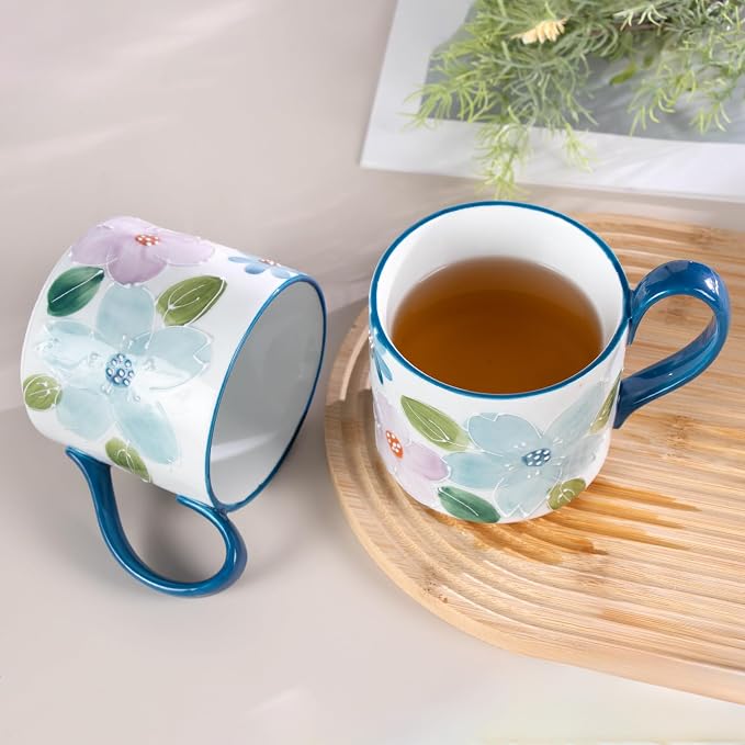 KAMMAK Ceramic Coffee Mug, 13.5oz Blue Mugs Set of 2, Novelty Cup for Tea, Juice, Milk, Cute Porcelain Water Cups with Handle for Women, Dishwasher and Microwave Safe