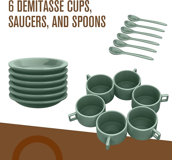Houseables Espresso Cup Set, Espresso Cups Stackable, Expresso, Demitasse, with Saucers, Stand, Spoons, Coffee Mugs, Juego De Tazas Para Cafe, Porcelain, Stacking, 19 Pieces, Set of 6, 2.5 oz, Green
