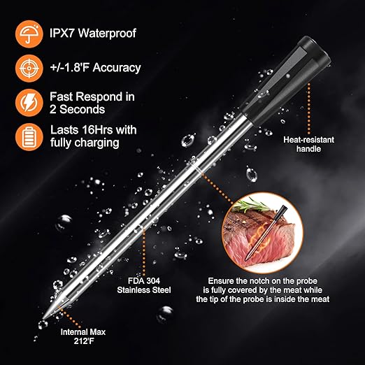 INSMART Wireless Smart Meat Thermometer,330FT Bluetooth Range,100% Waterproof,Precision Cooking Grilling,Multi Sensors,for BBQ,Oven,Grill,Kitchen,Smoker, Rotisserie Turkey Beef (Wood)