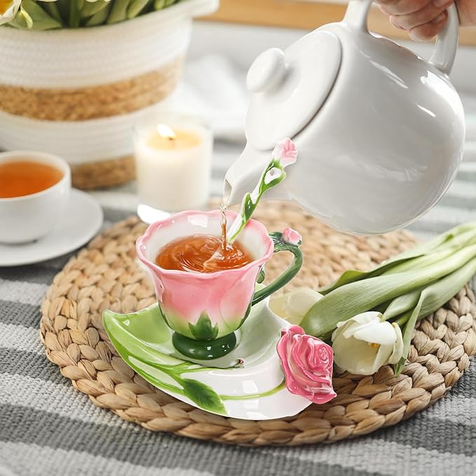 Cididu Pink Tea Cups with Saucer and Spoon, 4.5 Oz Small Ceramic Rose Flower Tea Cup Set for Women Girls, Hand Crafted Vintage Coffee Latte Mug, Fancy Teaware for Mother's Day, Birthday Gift, Wedding