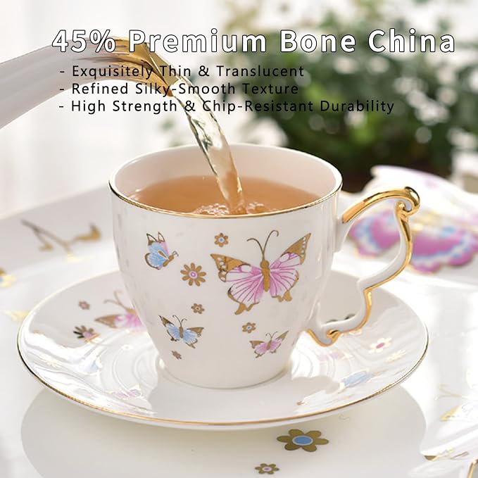 Butterfly Cup and Saucer Set, Bone China Tea Cup and Saucer with Spoon, Porcelain Coffee Mug with Gold Trim, Dishwasher Safe, Gift for Women, Mom, Friends, 6.8 oz