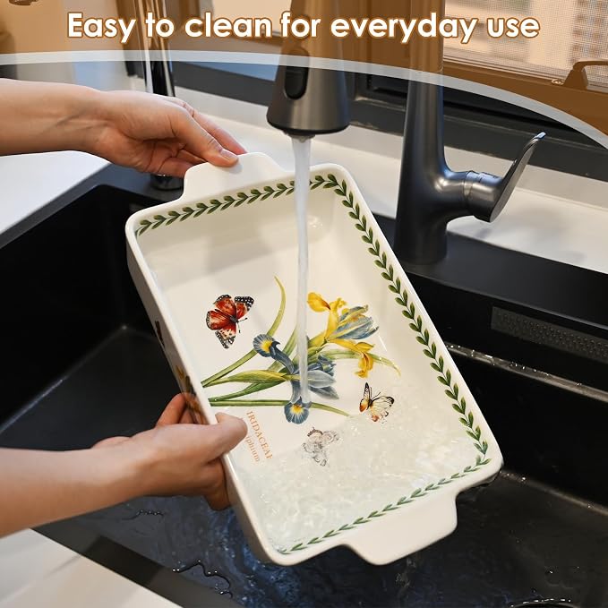 ACMLIFE Ceramic Casserole Dish Set, Ceramic Baking Dish for Oven, Casserole Dish Bakeware Set, Casserole Dishes for Oven, Lasagna Pan, Large Baking Dishes with Handles, Microwave, Dishwasher Safe, Gift Packaging Floral 2 Pcs Set(13"x8"+10.3"x6.3") (Iris)