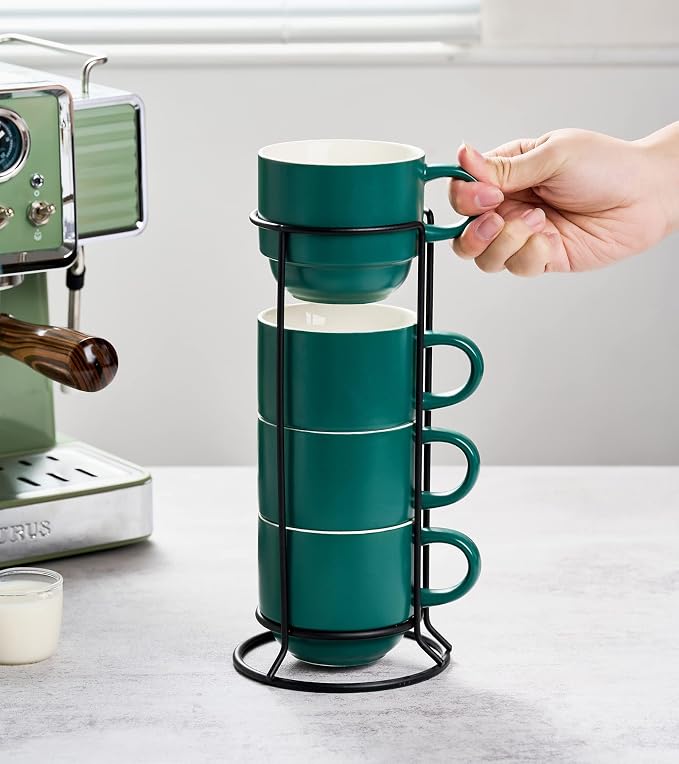 YHOSSEUN Stackable Coffee Mugs, Coffee Mug Set of 4 with Rack and Spoons, 11 oz Tea Cup Set for Espresso Drinks Cappuccino Latte, Coffee Cup Christmas Gift, Dark Green