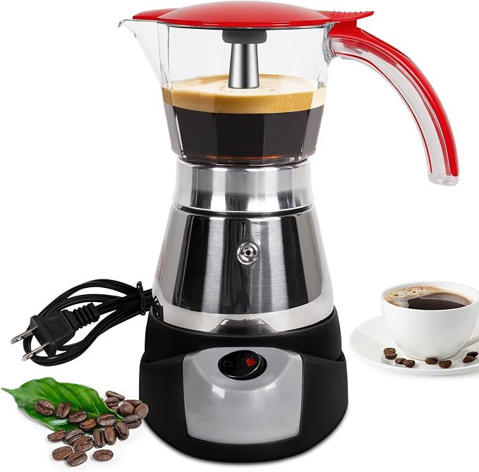 Electric Moka Pot 3-6 Cup 150-300ml Plastic Transparent Stovetop Espresso Maker Portable Stainless Steel Mocha Pot Percolator Italian Coffee Makers Greca Machine Cafe Classic for Home Camping