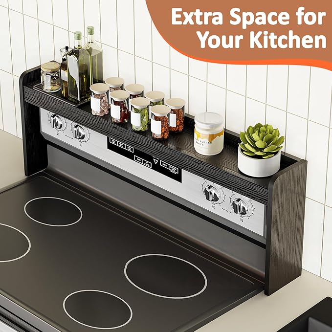 31” Stove Top Shelf, Over the Stove Spice Rack, Wood Space Saving Seasoning Shelf, Kitchen Storage Stand, Kitchen Organization (Black)