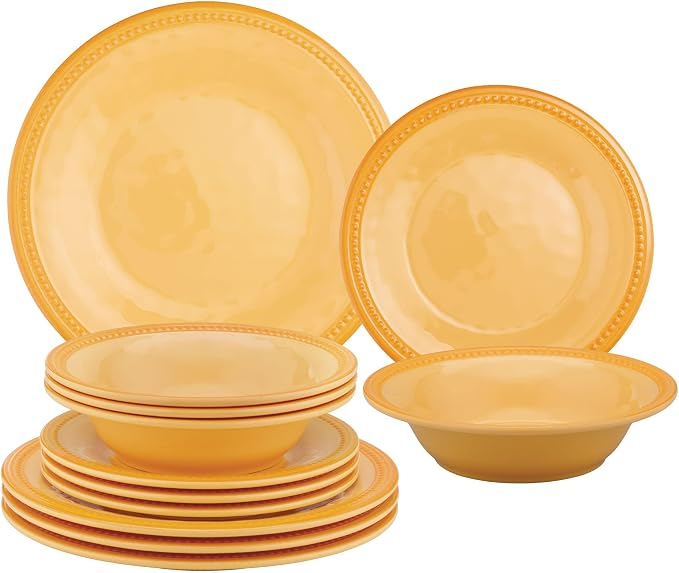 UPware 12 Piece Beaded Melamine Dinnerware Sets, Outdoor Dishes Set, Plates and Bowls Sets, Service for 4, Yellow
