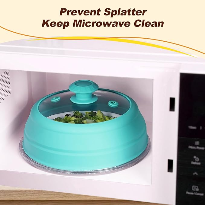 Microwave Splatter cover, Glass Microwave Cover for Food, Guard Lid with Collapsible Silicone for 6-8 inch Plates & Bowls, Dishwasher Safe, Heat Resistant, BPA-Free, 9 inch Blue