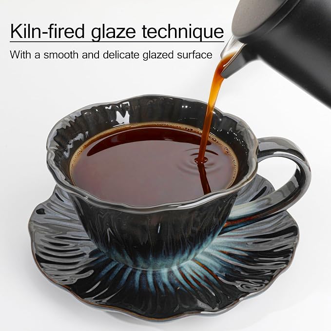 Cappuccino Cup with Saucer Set,Ceramic Latte Cup,Espresso Coffee Tea Mug for Home Kitchen Office Coffee Bar (Blue)