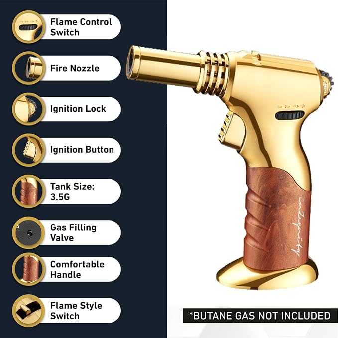 Dual Flame Butane Torch Gun – Refillable Handheld Mini Blow Torch for Cooking, Crème Brûlée, Welding, Soldering, Resin Art – Adjustable Flame & Ignition Lock–Limited Gold Brown by inZaynity®