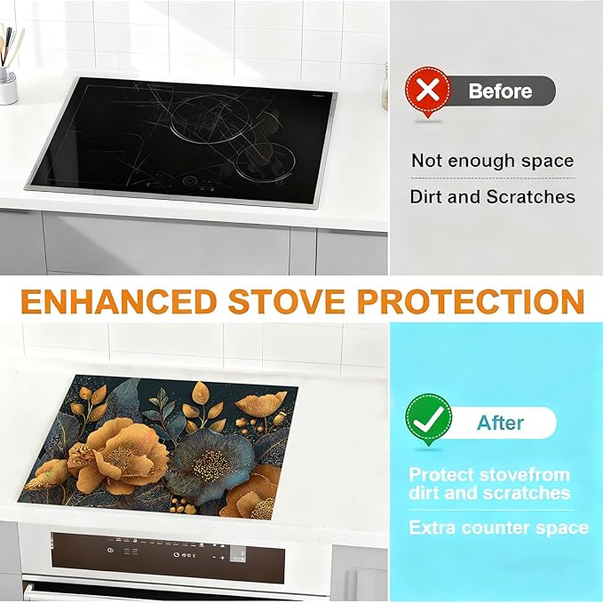 Luxury Floral Stove Top Covers for Electric Stove, 28.3 × 20.5 Inch Heat Resistant Cover, Gold and Navy Botanical Design, Decorative Electric Stove Cover Protector(flowers)