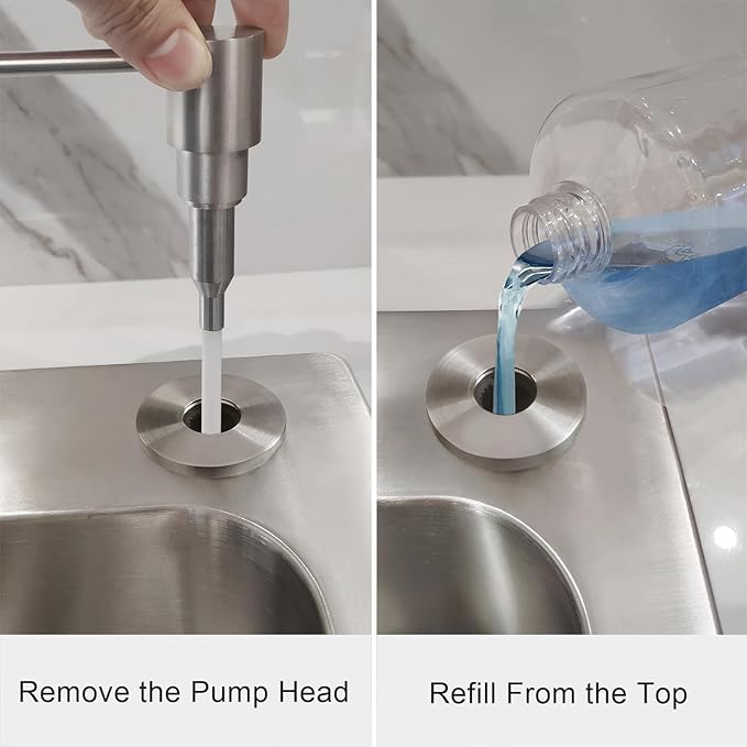 EADOT All Brass Soap Dispenser for Kitchen Sink Countertop Sink Soap Dispenser 17 OZ Bottle Built in Refill from The Top with Long Spout (Brushed Nickel)