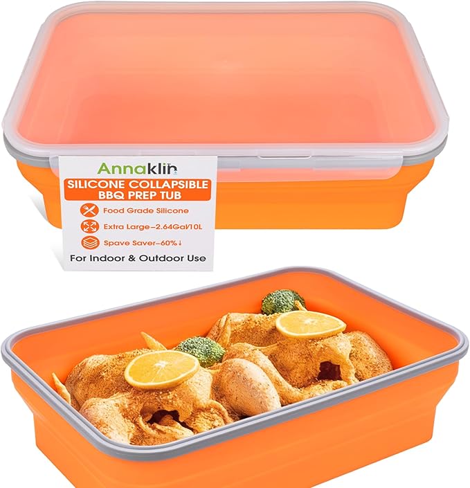 Silicone Collapsible Marinating Container with Lid for Meat, 2.64Gal/10L, Extra Large Collapsible BBQ Prep Tub, Transparent Locking Lid, XL Grill Prep Trays and Carry System, BBQ Must-Have, Orange