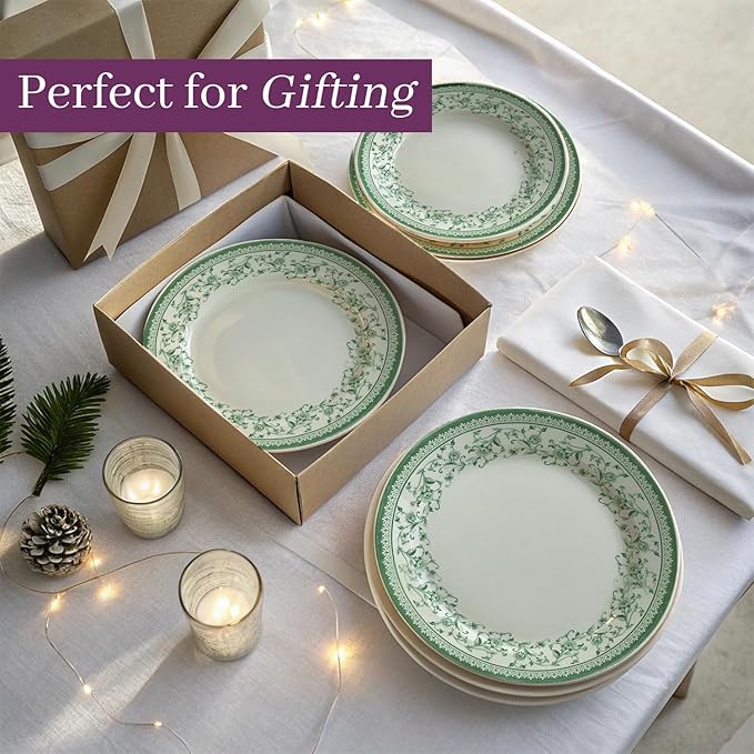 Tudor Royal 12-Piece Round Porcelain Dinnerware Set, Service for 4 - Aster Green Design, Multicolor Floral, Plates Bowls Mugs Dishes, Premium Quality Tableware, Unique Pattern, Glossy