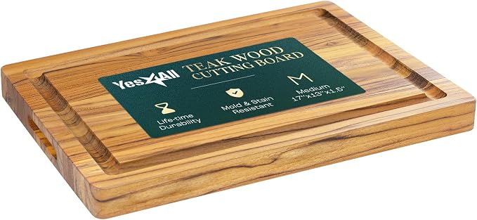 Yes4All Solid Teak Cutting Boards for Kitchen, [17''L x 13''W x 1.5” Thick] Medium Edge Grain Butcher Block Cutting Board, Food Surface Wood Cutting Boards with Juice Grooves and Easy Grip Handle