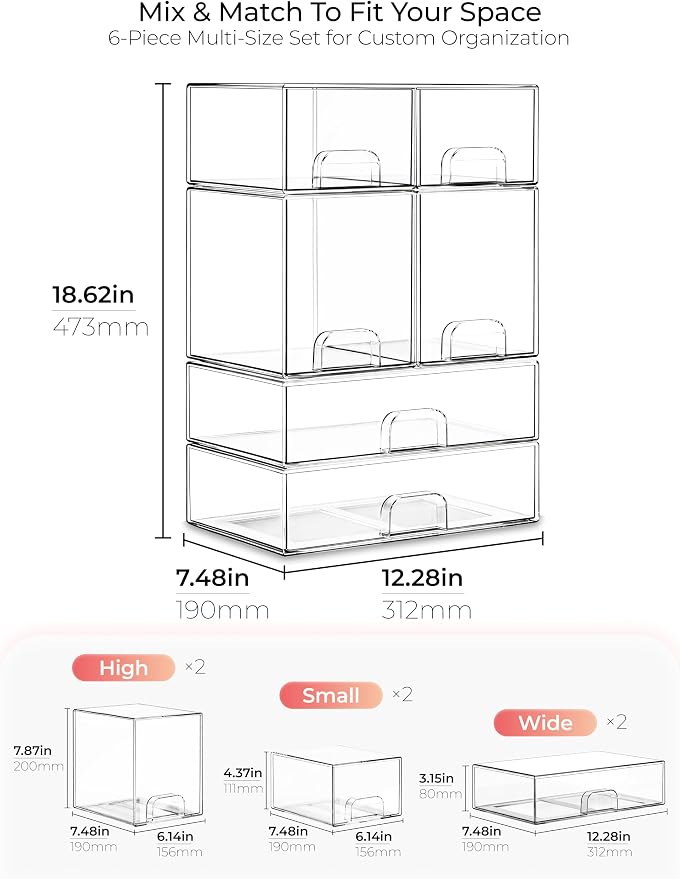Stackable Storage Drawer Organizers Set of 6 for Bathroom Organizer Storage | Clear Plastic Organizer Bins for Baby Bottle, Kitchen Under Sink, Laundry, Pantry, Beauty, Cabinet, Medicine, Office Supplies